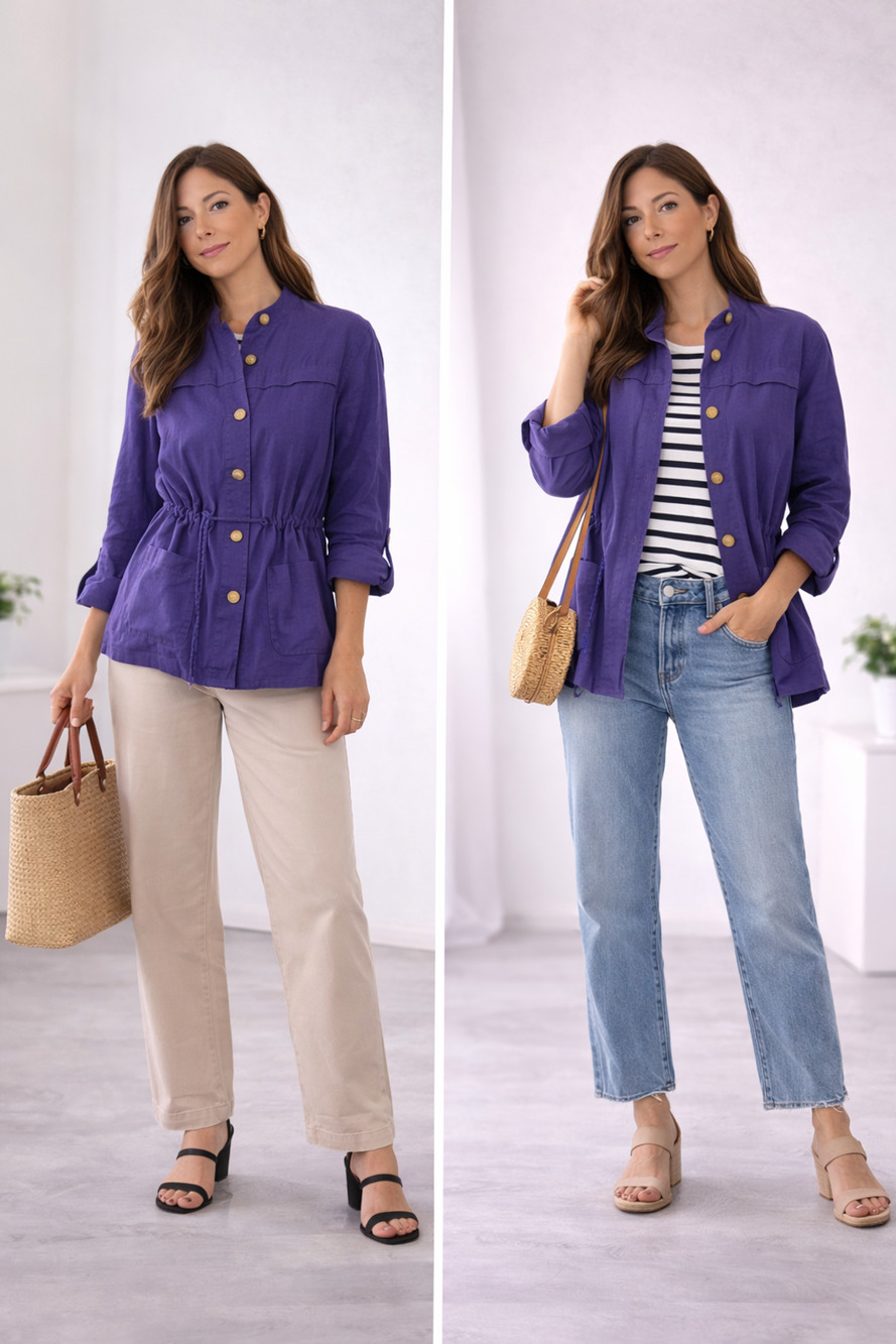 100% Linen Purple Button Down Cinched Waist Utility Casual Layering jacket sz-14